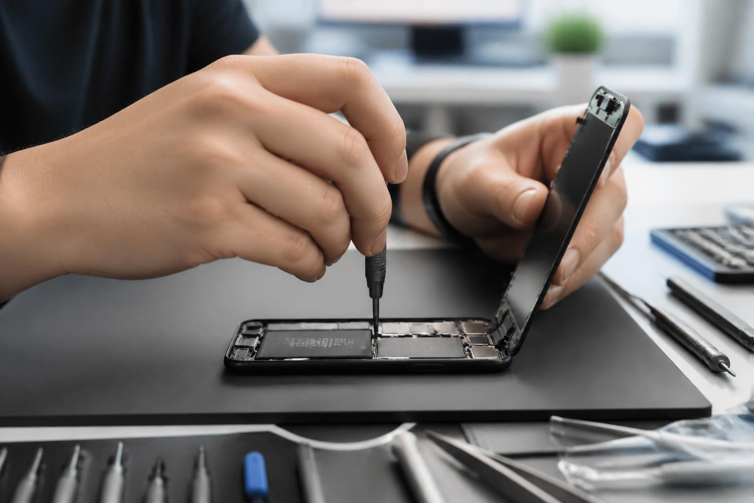 Técnico da SK TECH realizando troca de tela de celular